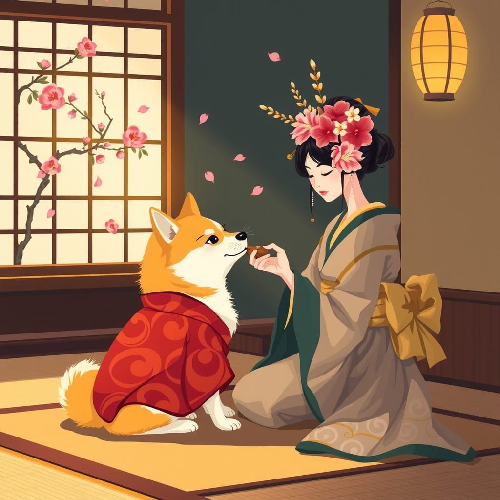 Shiba Inu & Geisha in Ukiyo-e Style