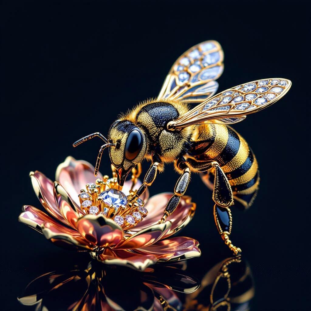 Hyperrealistic Gold Bee with Diamond Wings and Gem Flower