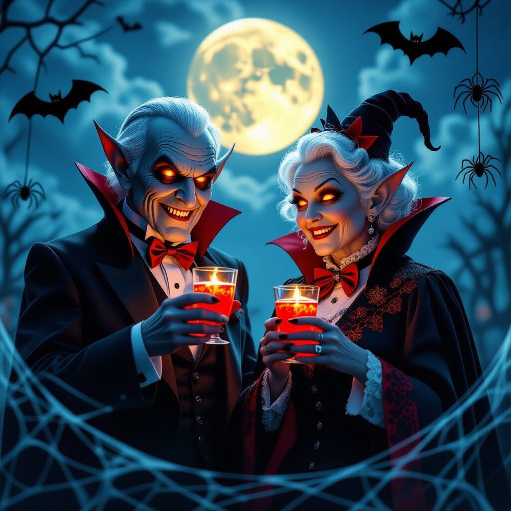 Adorable Vampire Couple with Glowing Eyes and Fangs