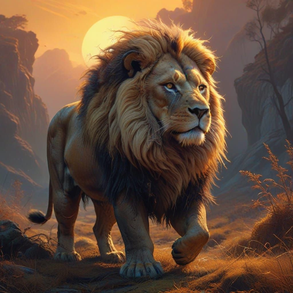 Majestic Lion in Golden Light, Dreamlike Fantasy Art