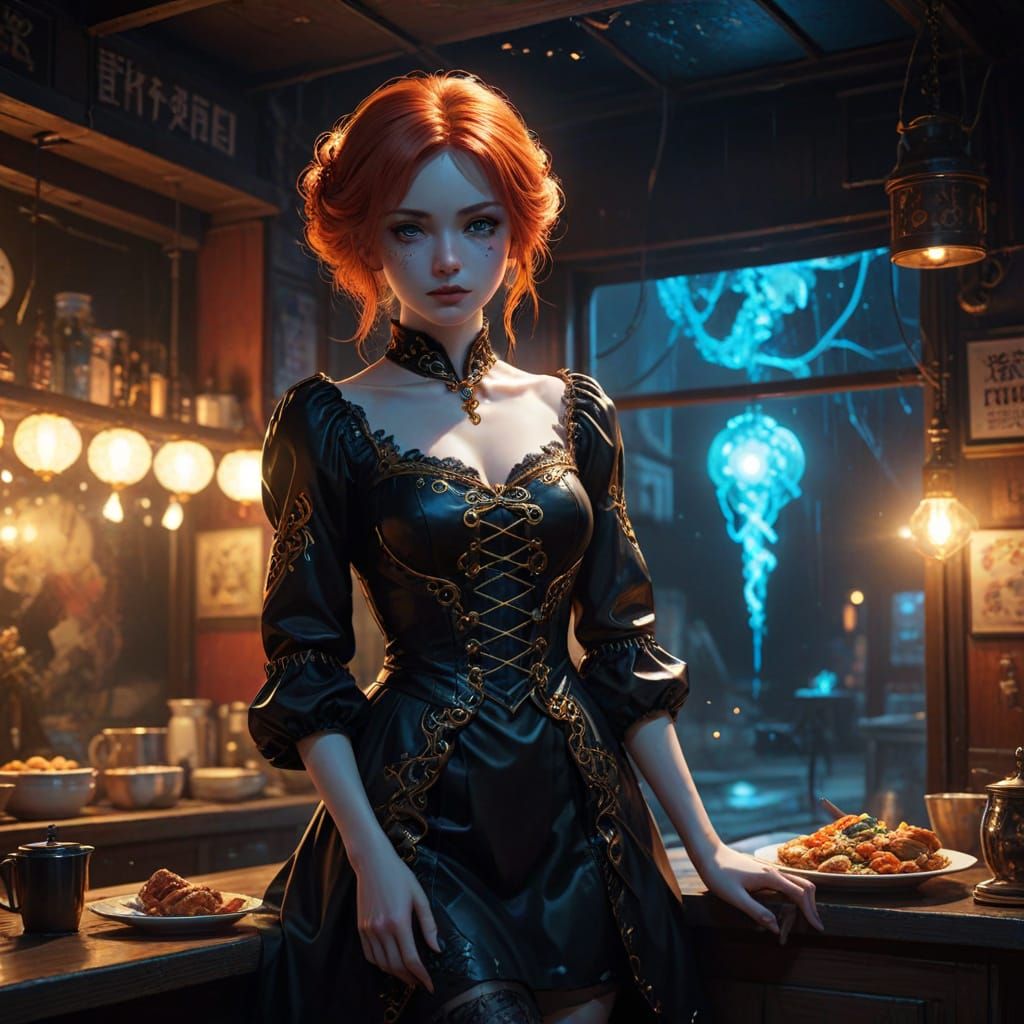 Cracked Porcelain Marionette in Bioluminescent Pizza Parlor