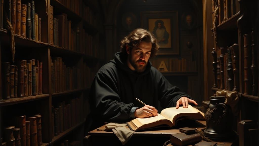 Man Studying in Dramatic Chiaroscuro Library