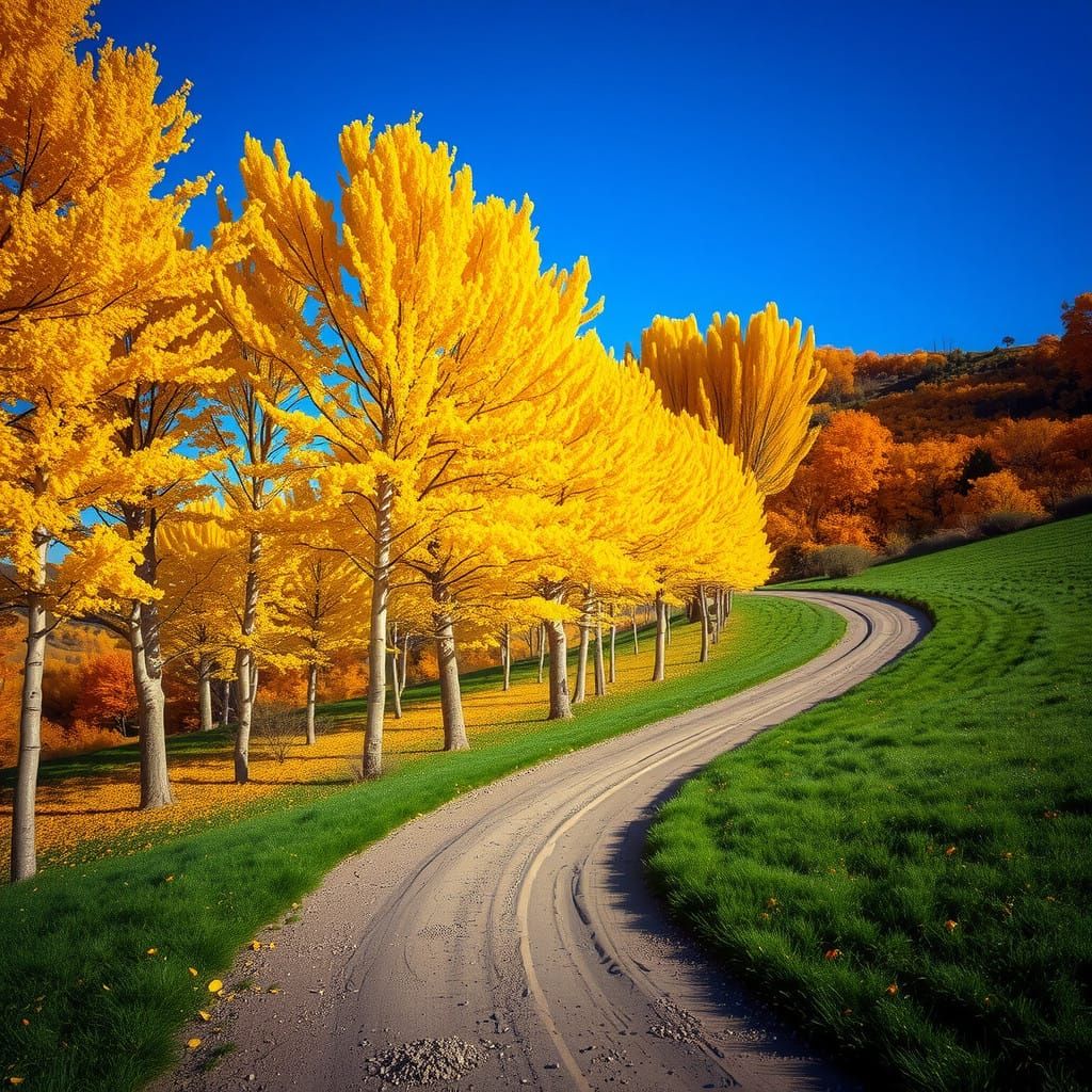 Autumn Landscape with Winding Dirt Path and Yellow-Leaved Tr...