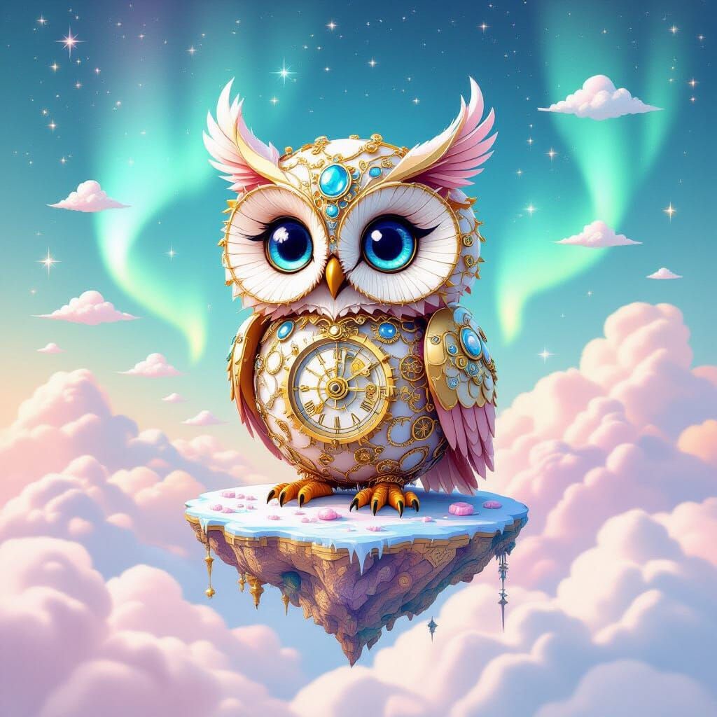 A whimsical, clockwork owl with sapphire eyes perches on a f...