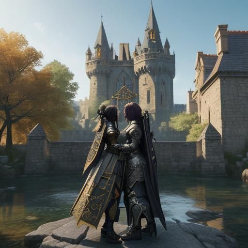 Anime Girls Kissing on Tower in Ornate Armor