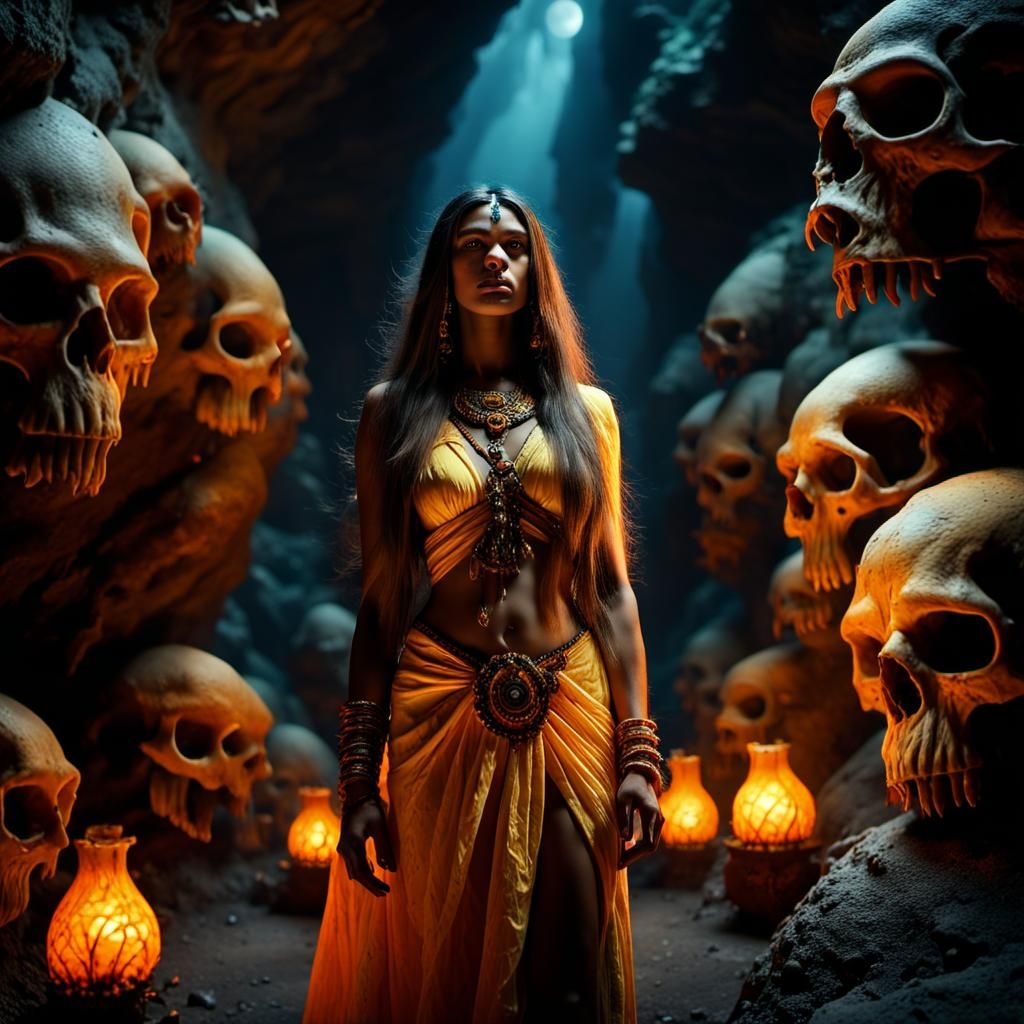 Goddess Devana in Skull Cave: Hyperrealistic Art