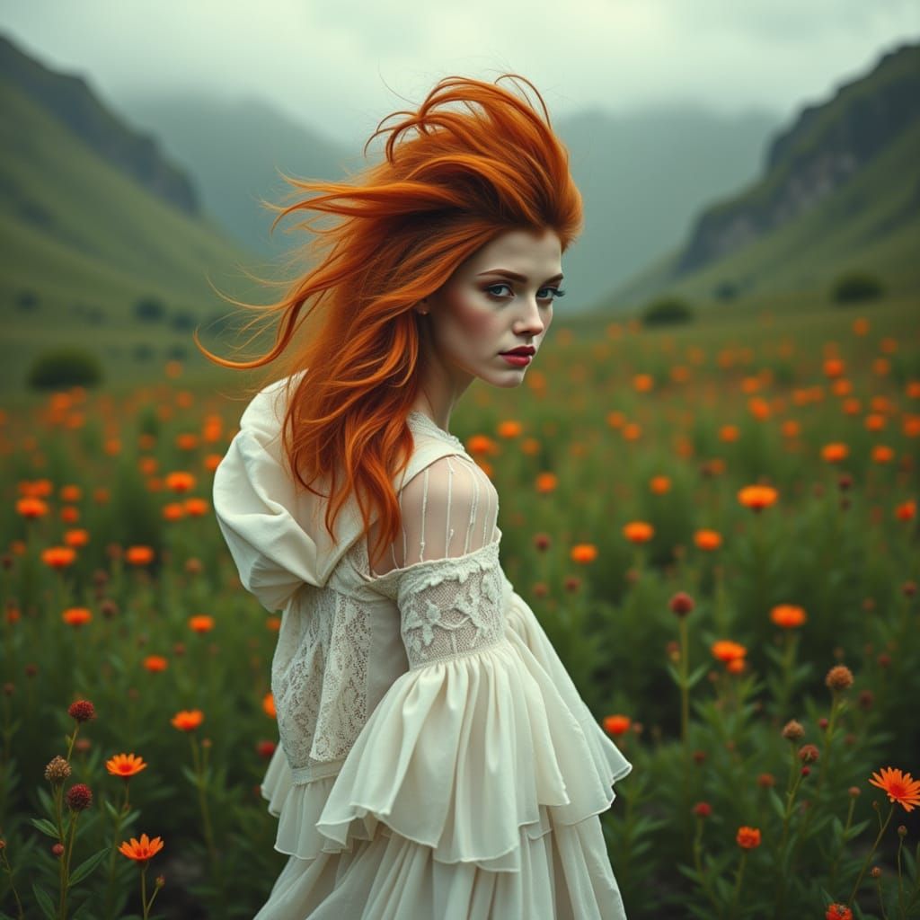 Ethereal Red-Haired Woman in Misty Scottish Glen