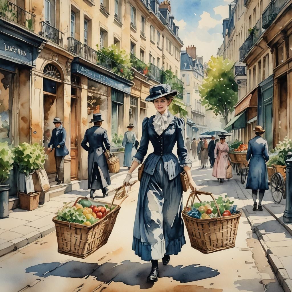 Victorian Woman in Paris: Watercolor Summer Scene