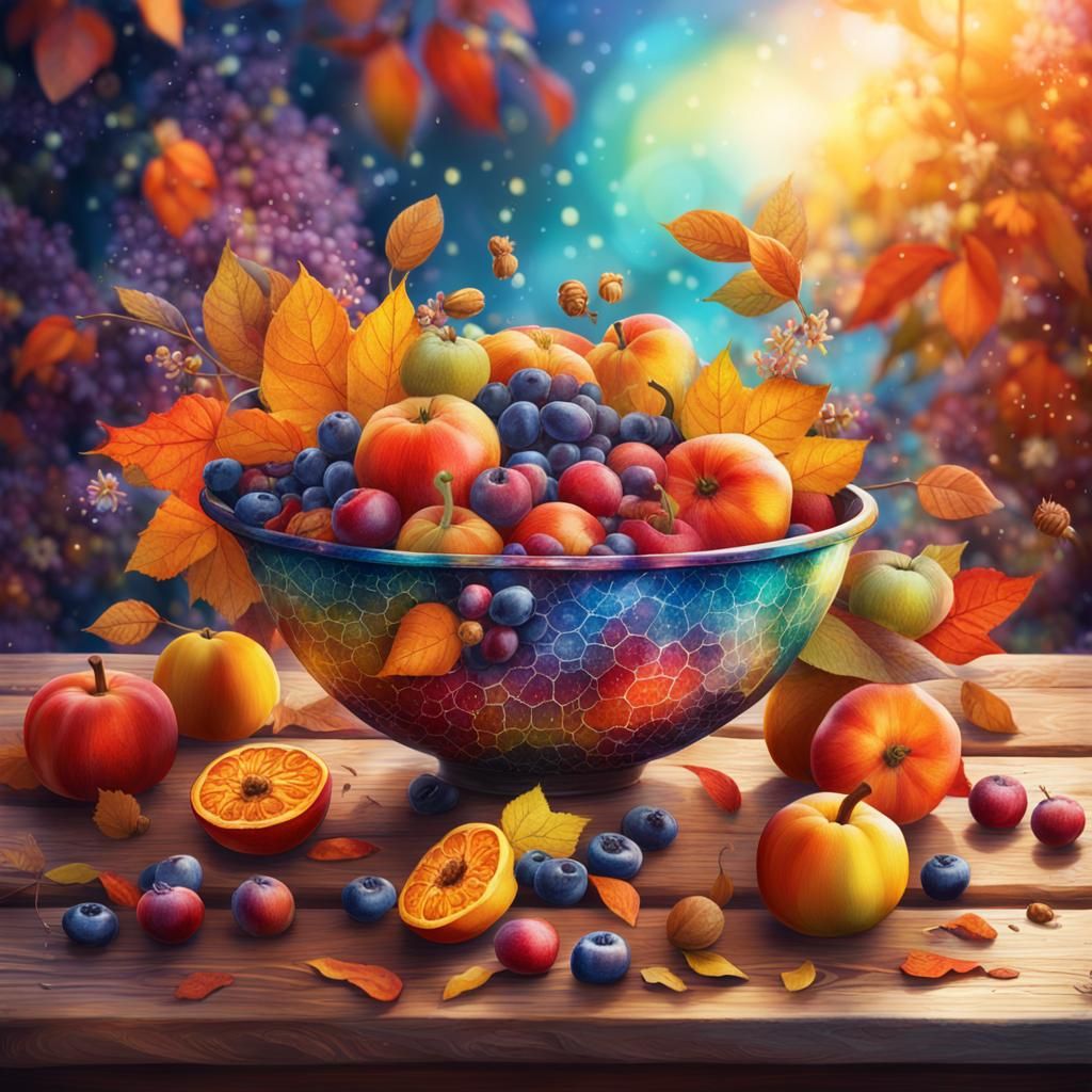 Autumn Fruits Still Life in Magical Realism Style