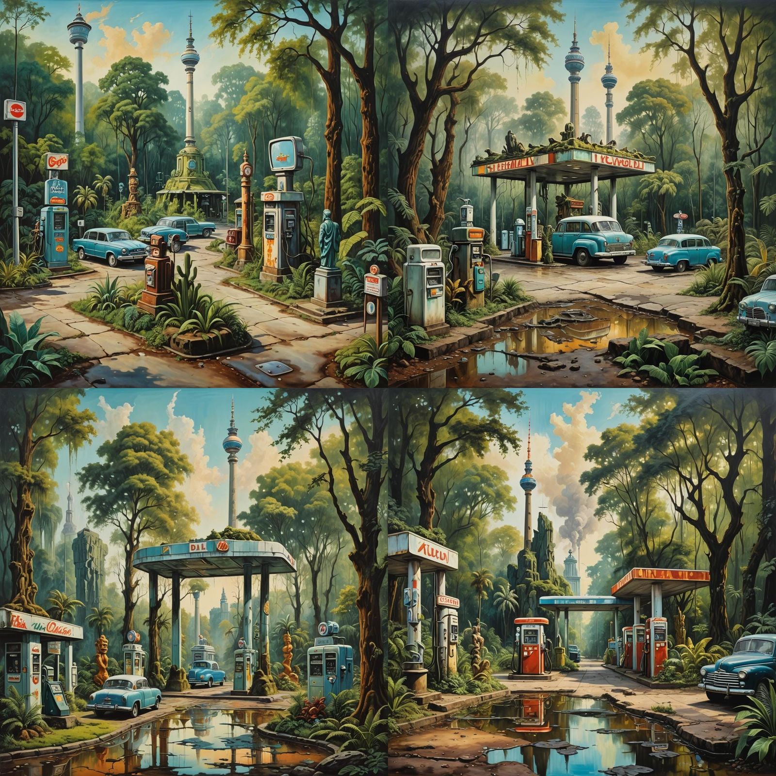 Surreal Jungle Gas Station with Tiki Gods