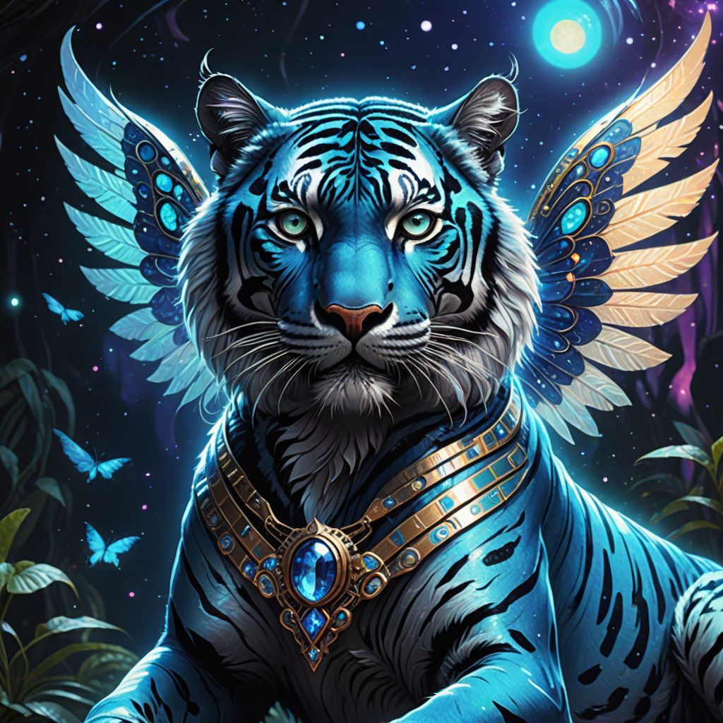 Majestic Blue Tiger Nekomata in Vibrant Technicolor Space