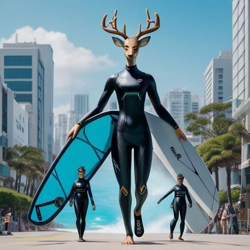Giant Anime-Style Anthropomorphic Deer Surfer in City