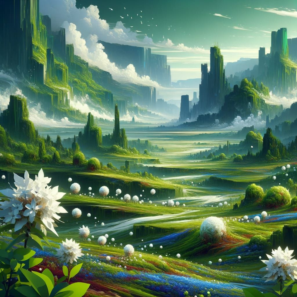 Lush Green Plateau with Diverse White Flowers