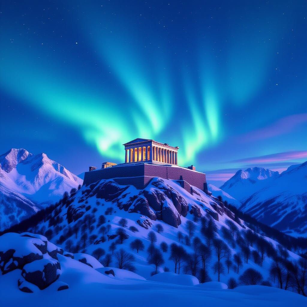 Acropolis Under Aurora Borealis in Norway