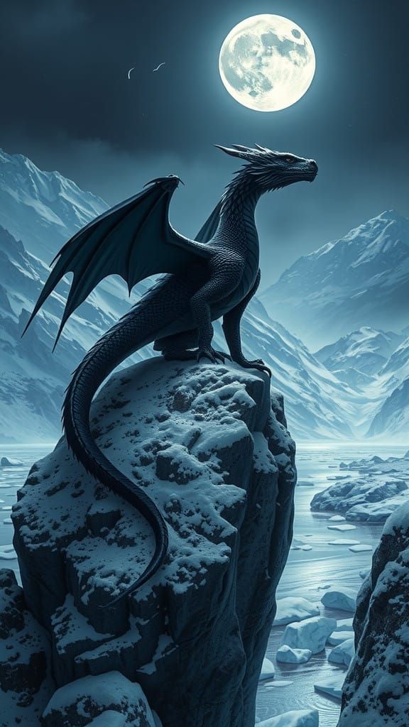 Ethereal Black Dragon Dominates Frostbitten Mountainscape