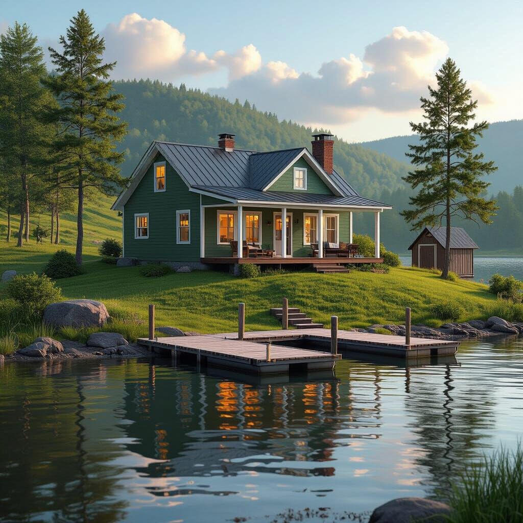 Green Ranch House on Hill with Lake View