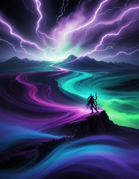 Surrealist Masterpiece with Energetic Figure in Vibrant Land...