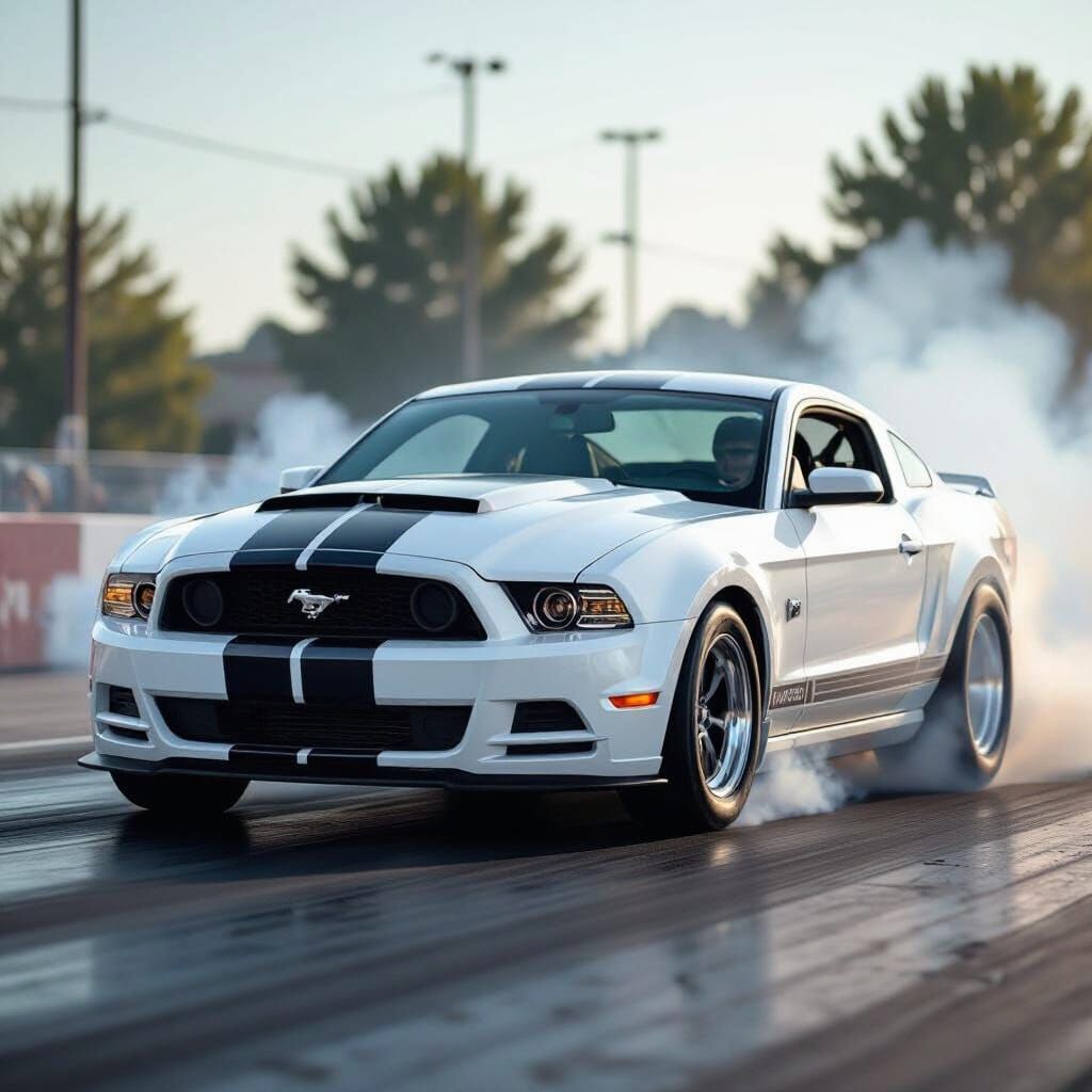 White 2014 Mustang Drag Racing Action Shot