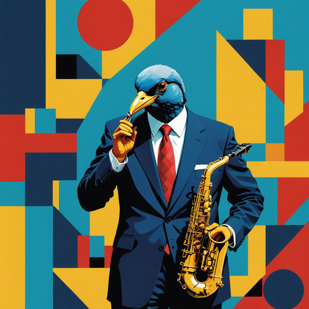 Bird in a Suit Plays Saxophone in Vibrant Pop Art Cityscape