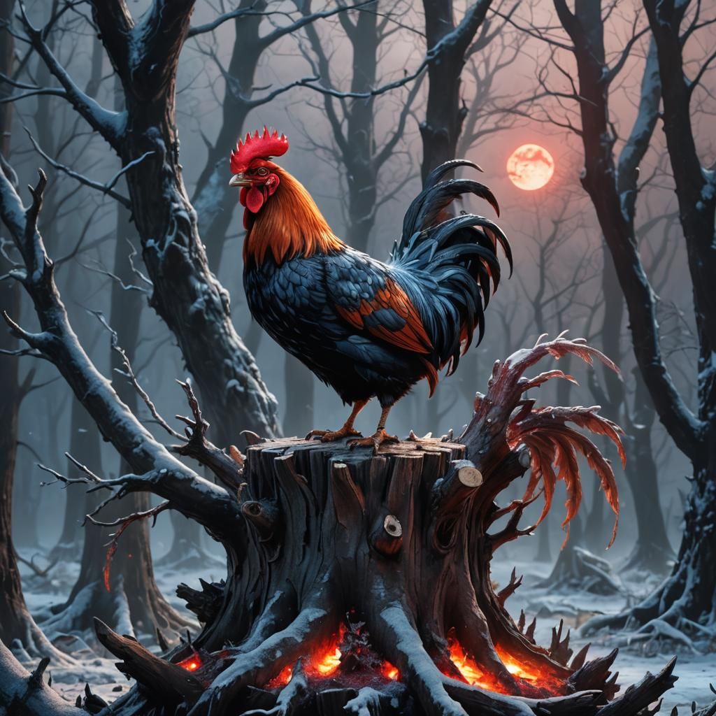 Sooty-Red Rooster in Mystical Forest: Fantasy Art