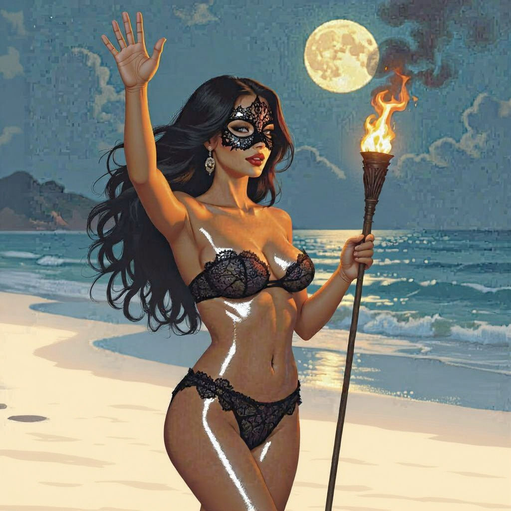 Latina with Torch on Beach at Night