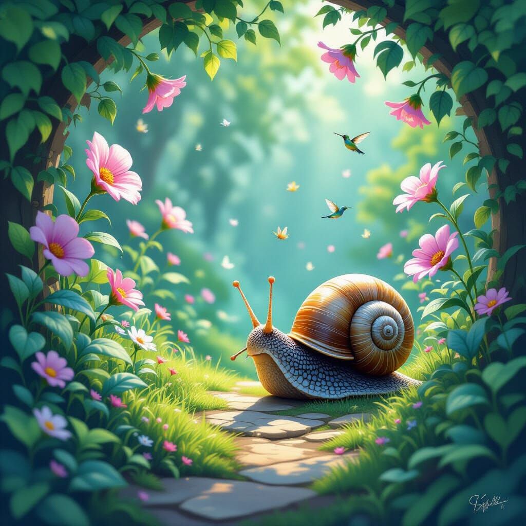 Snail's Mystical Garden Discovery: Whimsical Digital Art