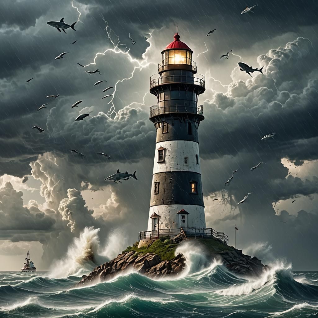 Lighthouse in Ocean Storm with Shark Tornado