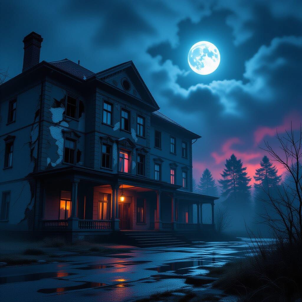 Eerie Abandoned Hotel at Night in Cinematic Horror Style