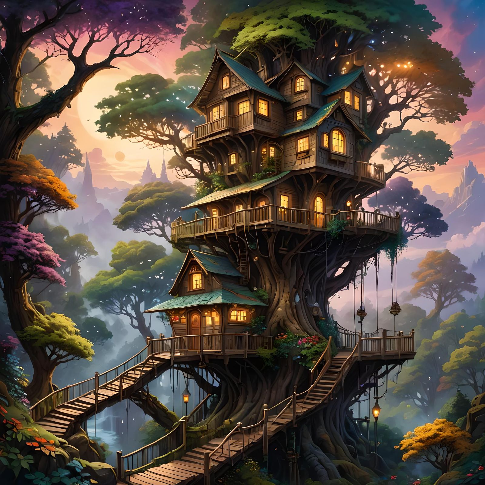 Retrofuturist Treehouse in Watercolor with Volumetric Lighti...
