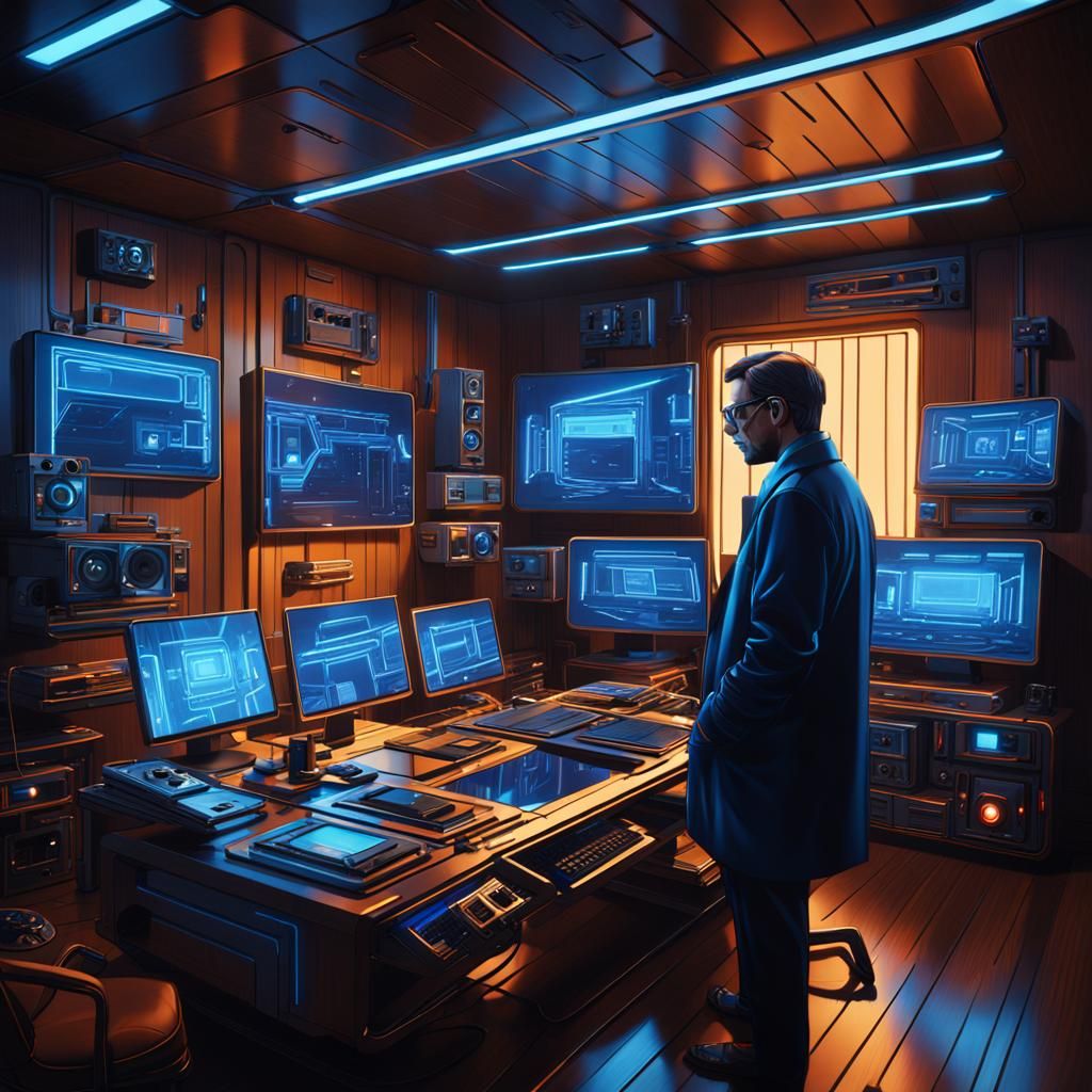 High-Tech Spy Lair in Neon-Lit Futurism