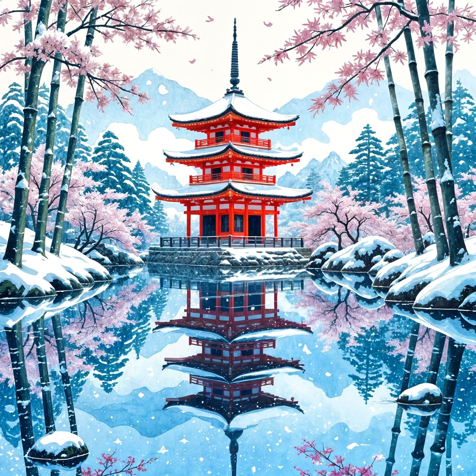 Pagoda Mirrored in Frozen Lake, Sumi-e Style