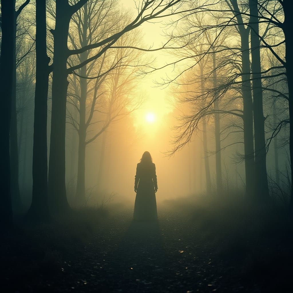 Eerie Twilight: Lone Figure in Autumn Forest