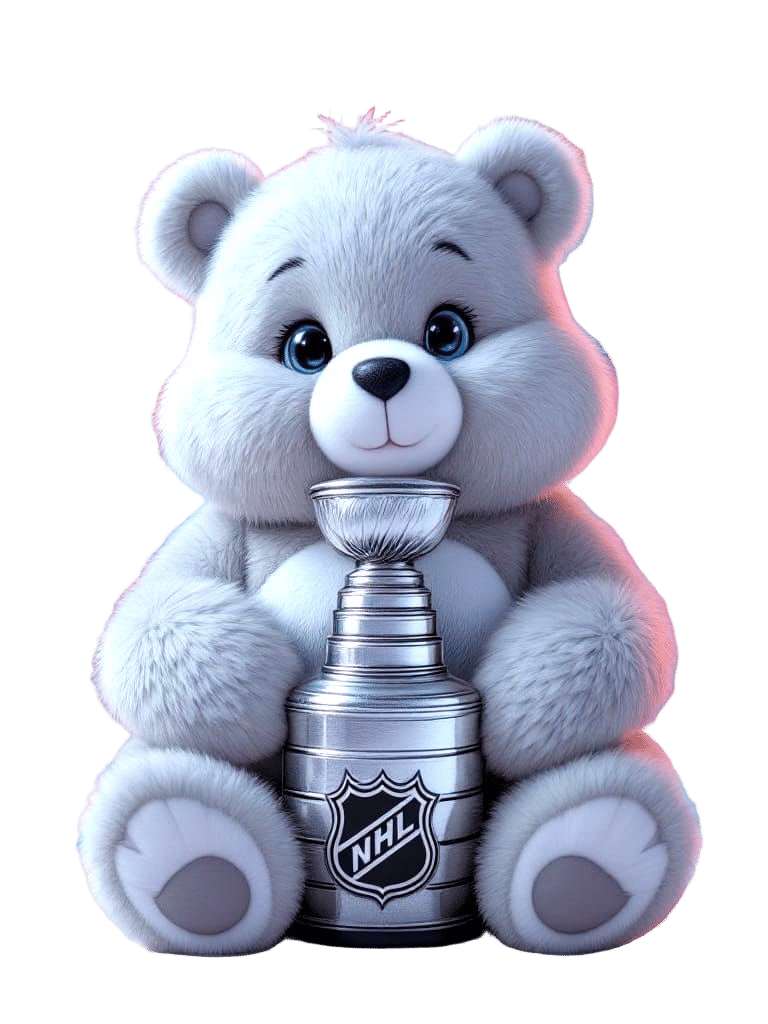 Silver and White Care Bear Cradles NHL Stanley Cup in Whimsi...