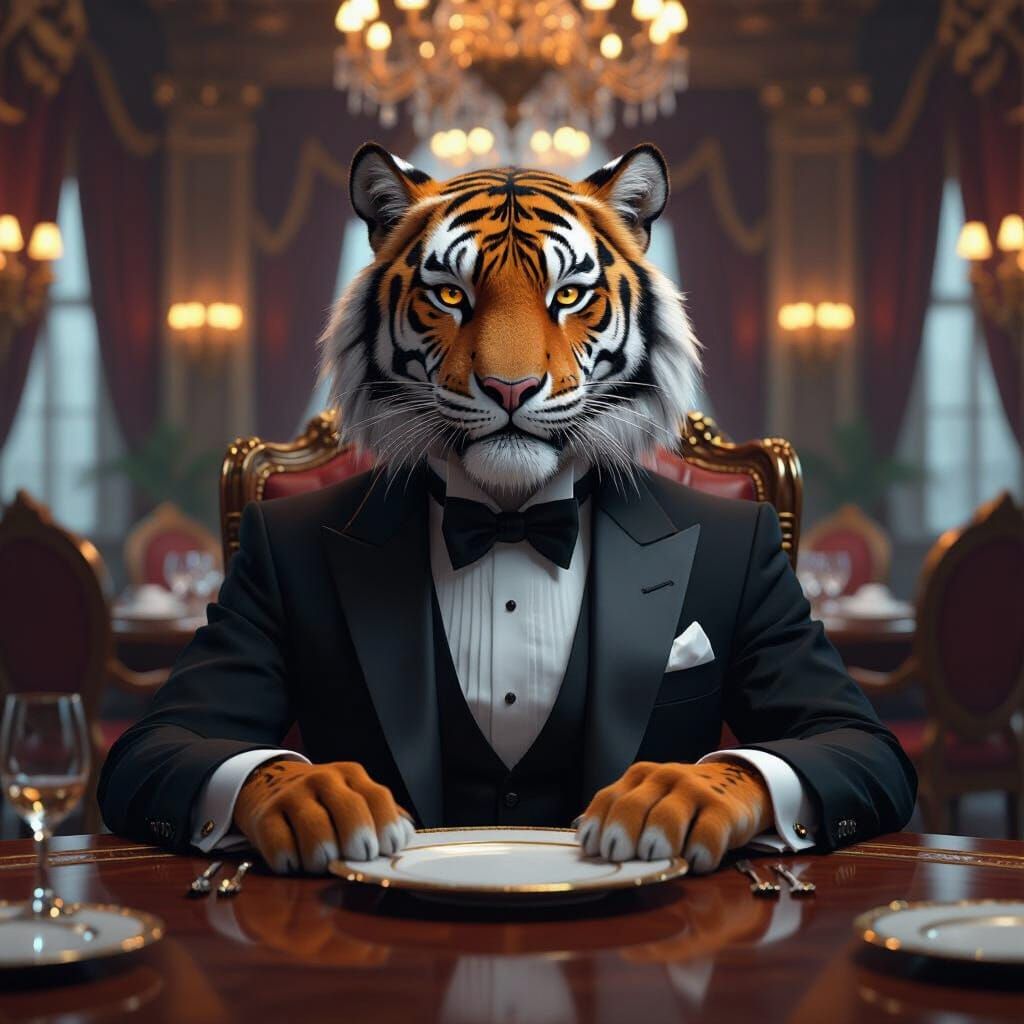 Anthropomorphic Tiger in Tuxedo at Grand Banquet Meeting
