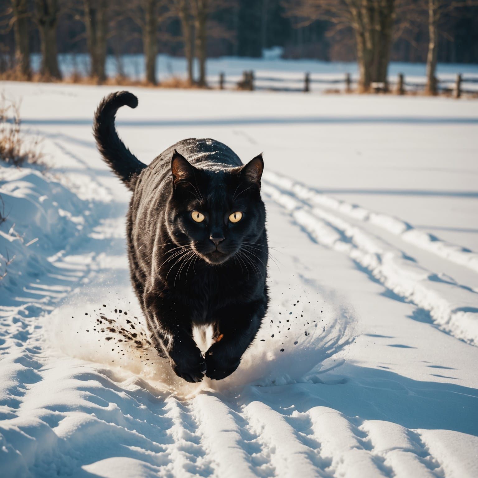 Majestic Black Cat Speeds Across Winter Meadows