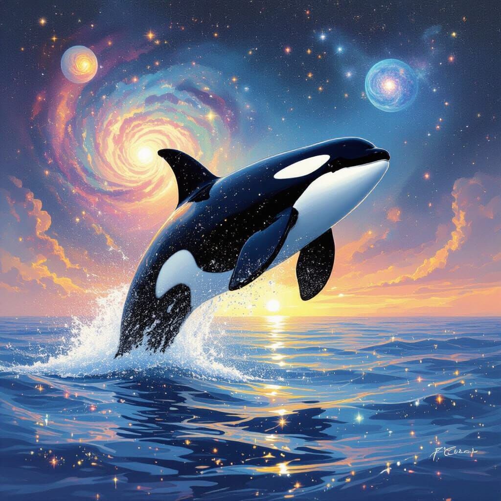 Cosmic Orca Whale Breaching in Painterly Realism