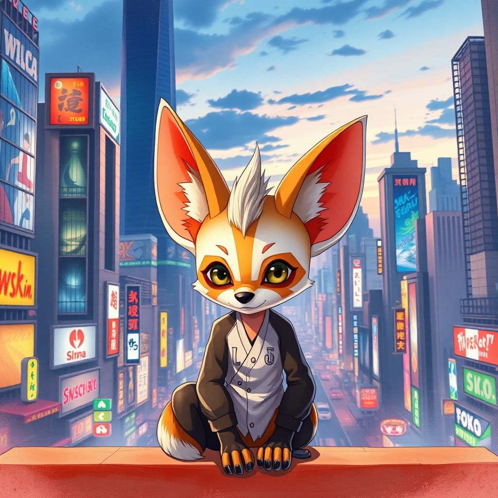 Cute Fennec Boy in Vibrant Anime Cityscape