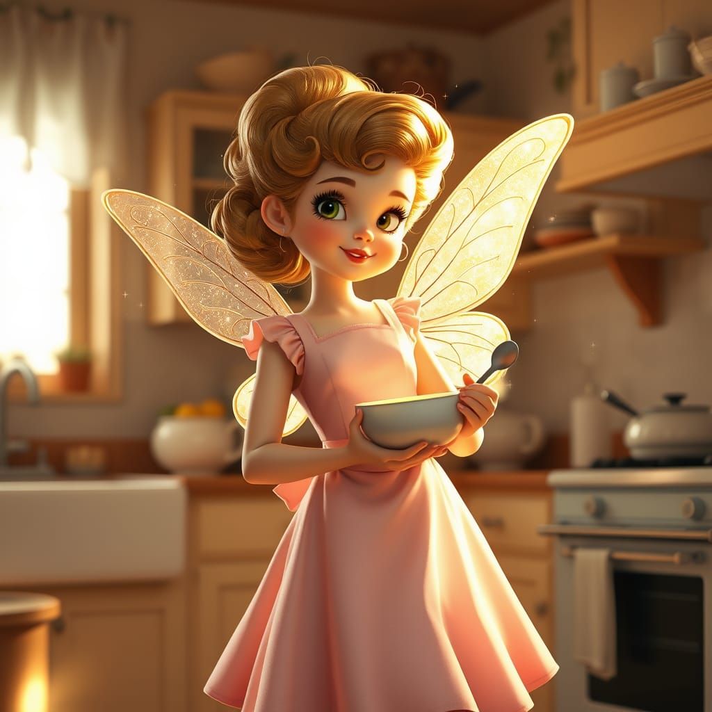 Whimsical Fairy Homemaker in Retro Kitchen