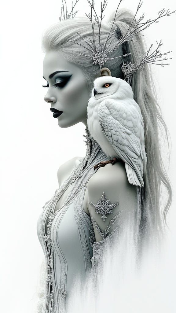 Goddess with White Owl Sketch in Charcoal Style