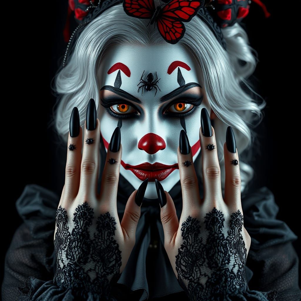 Dark Fantasy Clown with Dramatic Makeup and Lace Gloves