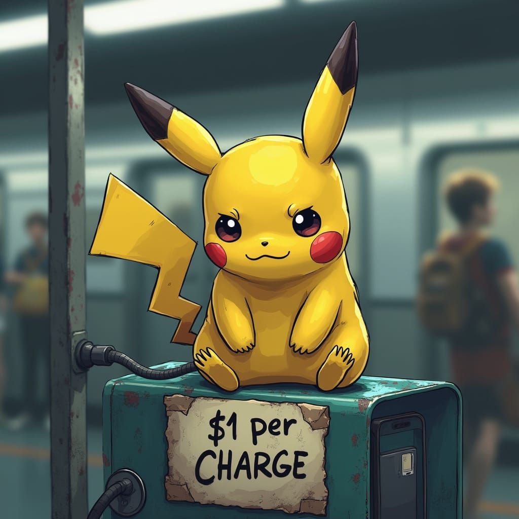 Weary Pikachu in a Bustling Train Station