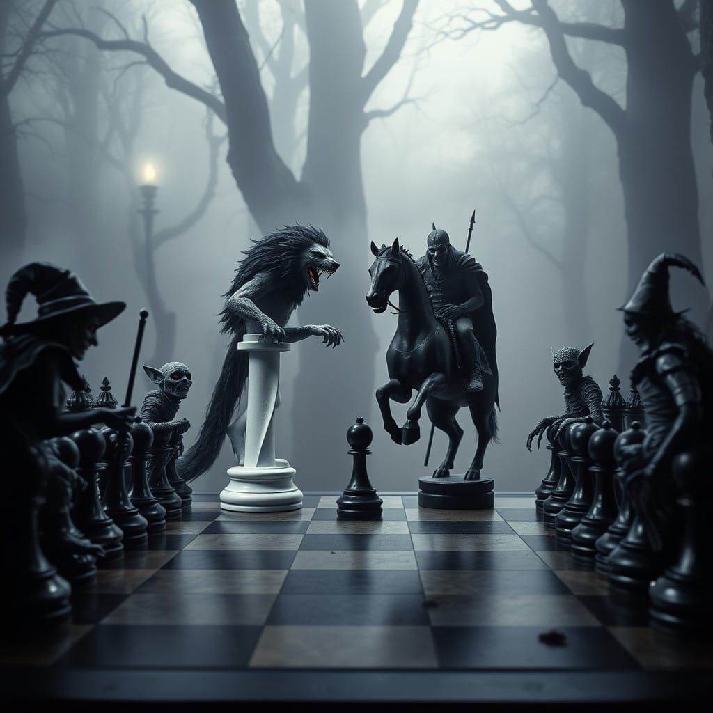 Werewolf King and Vampire Queen Chess Battle in Dark Misty F...