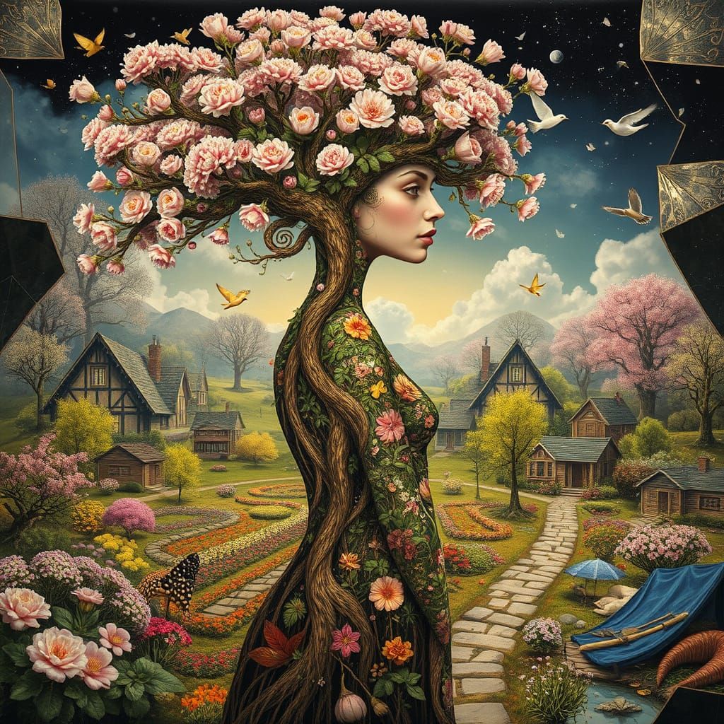 Surreal Goddess of Nature Blooms in Enchanted Spring Village