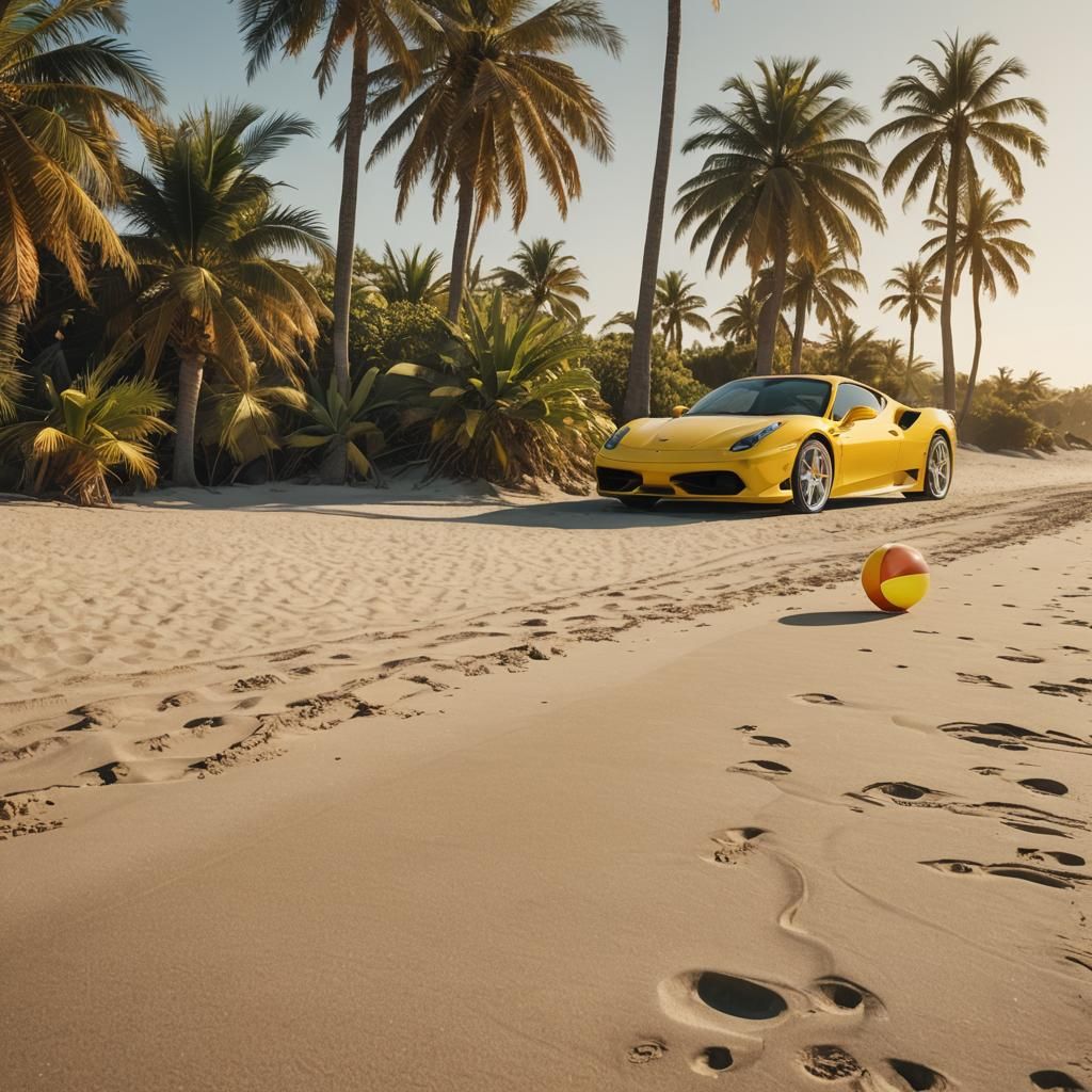 Yellow Ferrari on a Beach: Matte Painting Style