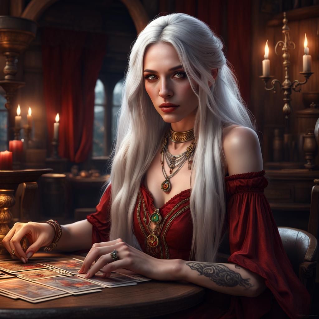 Mystical Woman Reading Tarot in Tavern