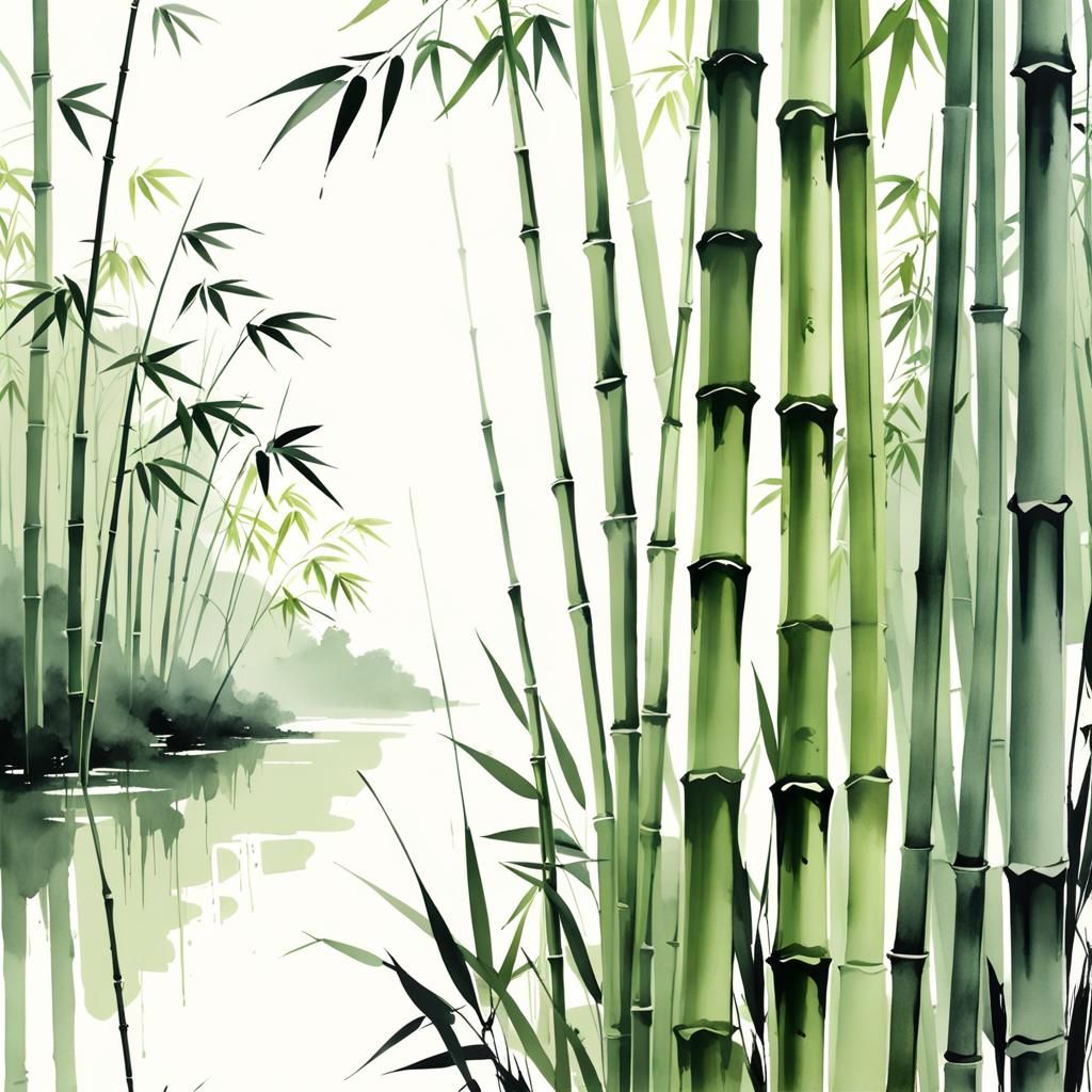 Muted Chinese Ink Painting of Bamboo in Morning Light