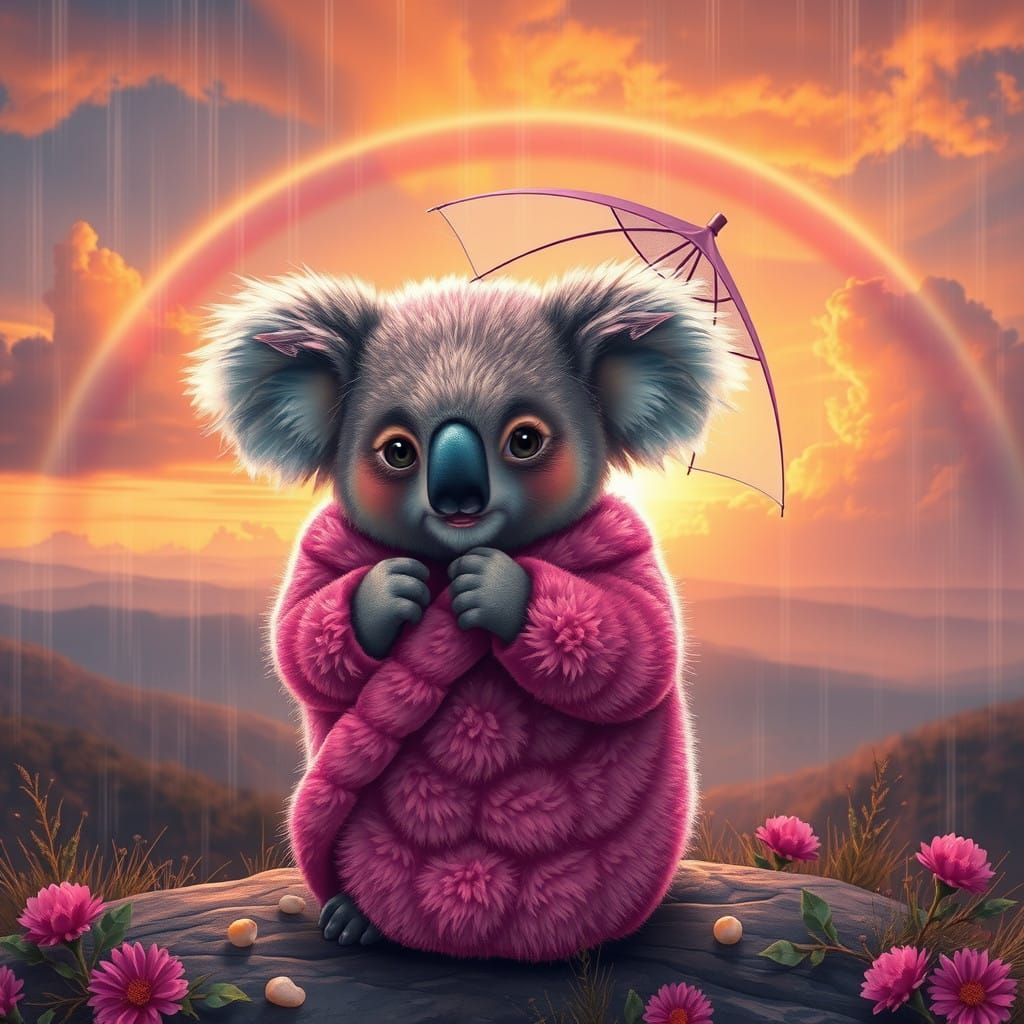 Whimsical Sunset Koala Fantasy Scene in Vibrant Colors