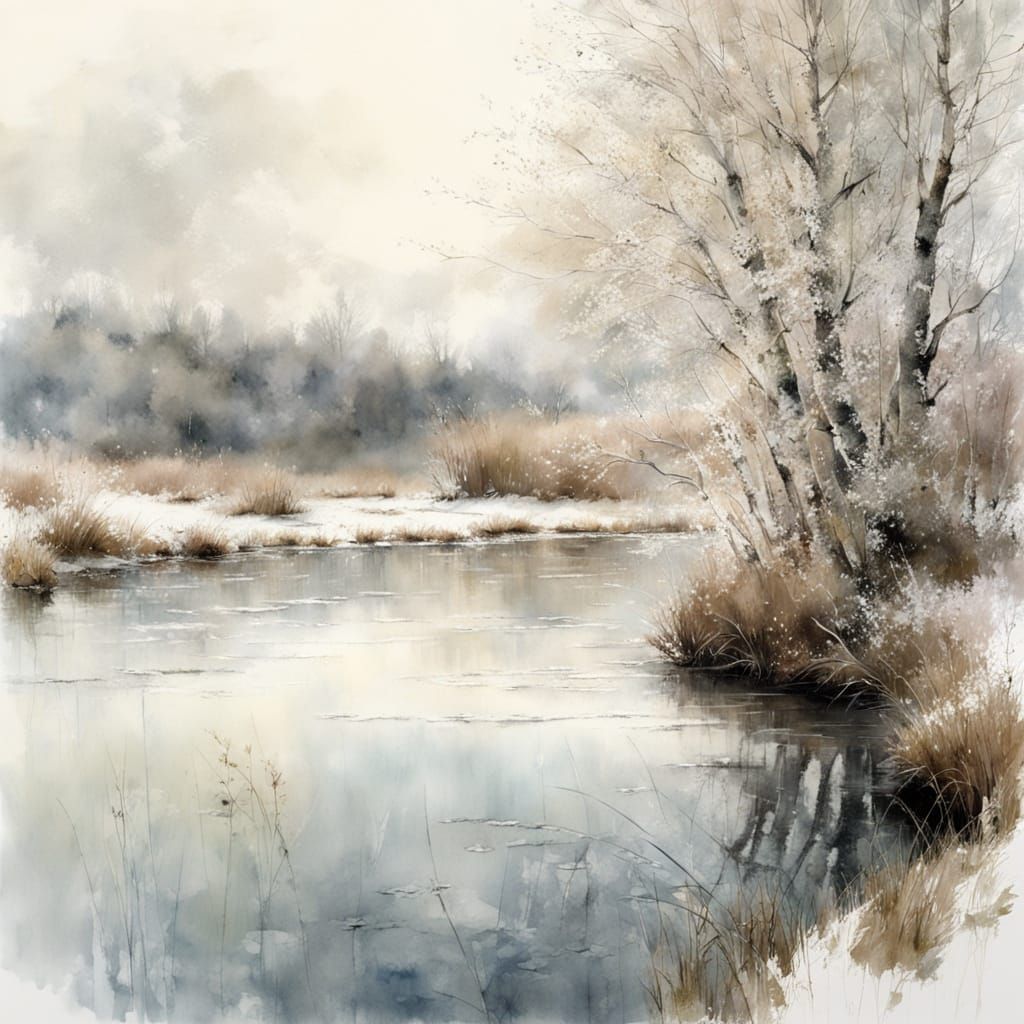 A small, frozen lake, fields, white birch trees. A bush by the lake with white snow-drop flowers.