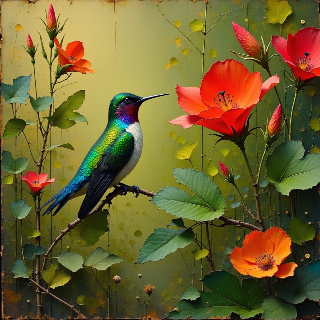 Hummingbird Visits Red Flower, Botanical Art Style