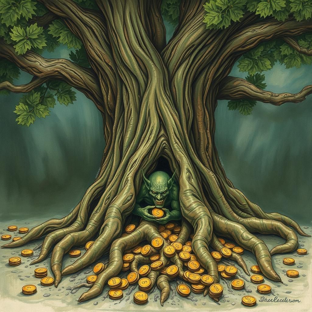 Evil Goblin Hiding Under Tree Roots in Gouache